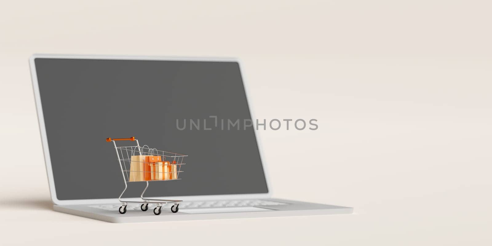 Shopping online concept, Shopping bag and gift box in shopping cart on laptop, 3d illustration by nutzchotwarut