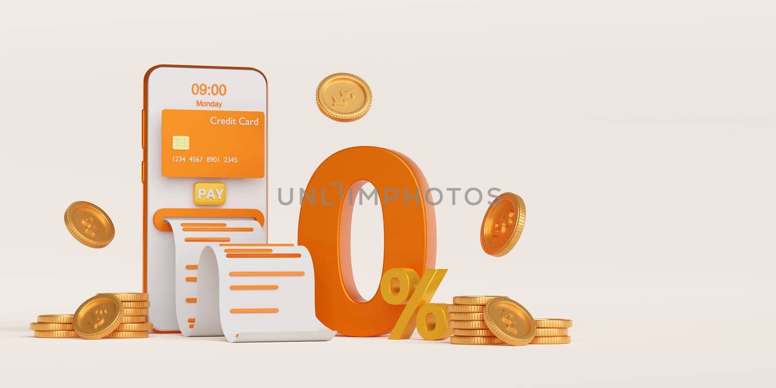 Shopping online using credit card with 0% interest installment payments on smartphone, 3d illustration by nutzchotwarut
