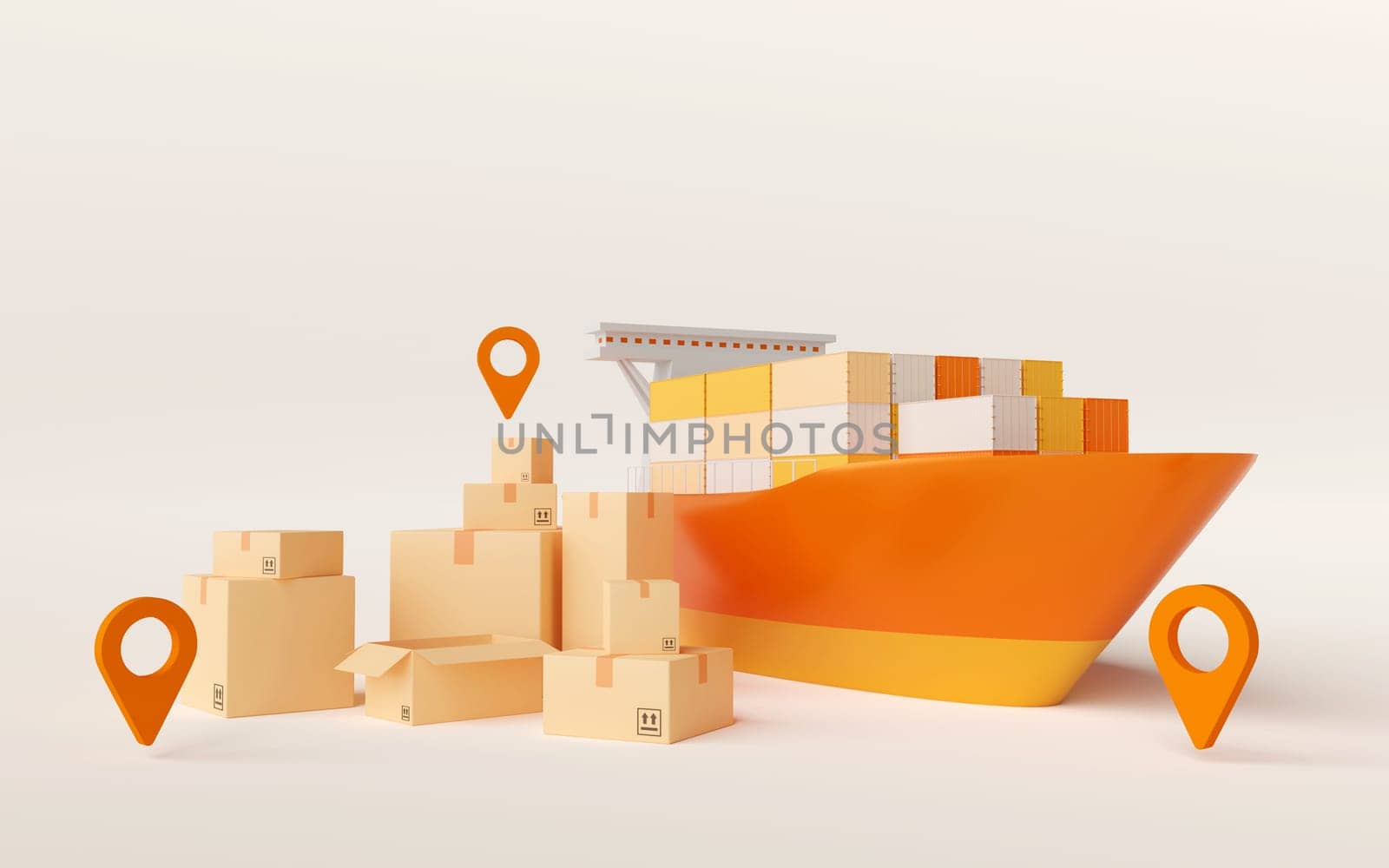 Global logistics, Cargo ship with parcel box, 3d illustration by nutzchotwarut