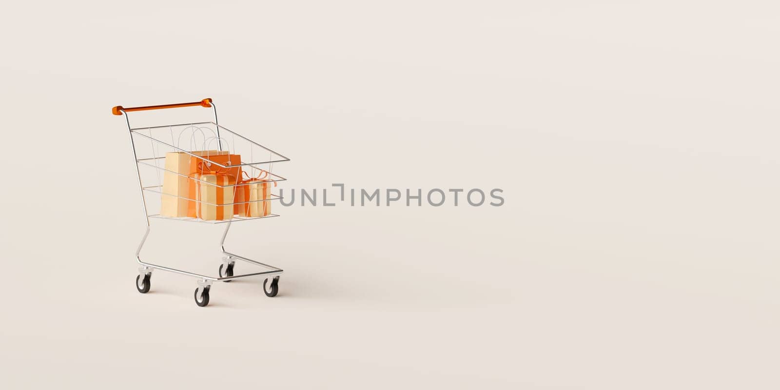 3d illustration of Shopping cart with gift box and shopping bag, banner of advertisement