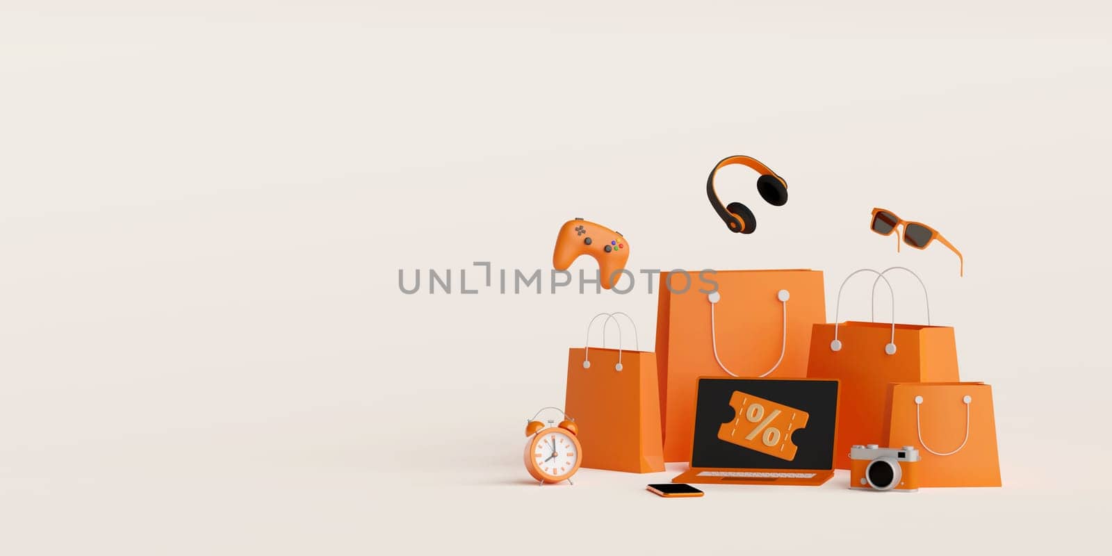 3d illustration banner of Shopping bag with electronics items and discount code by nutzchotwarut