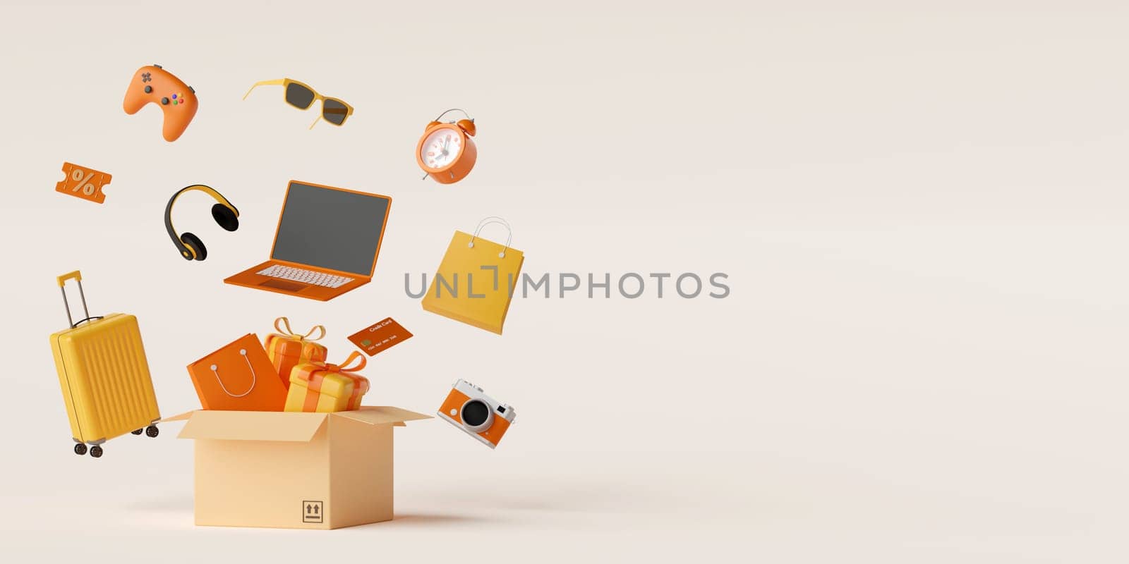 3d illustration banner advertisement of Opened parcel box with shopping bag, gift box and items by nutzchotwarut