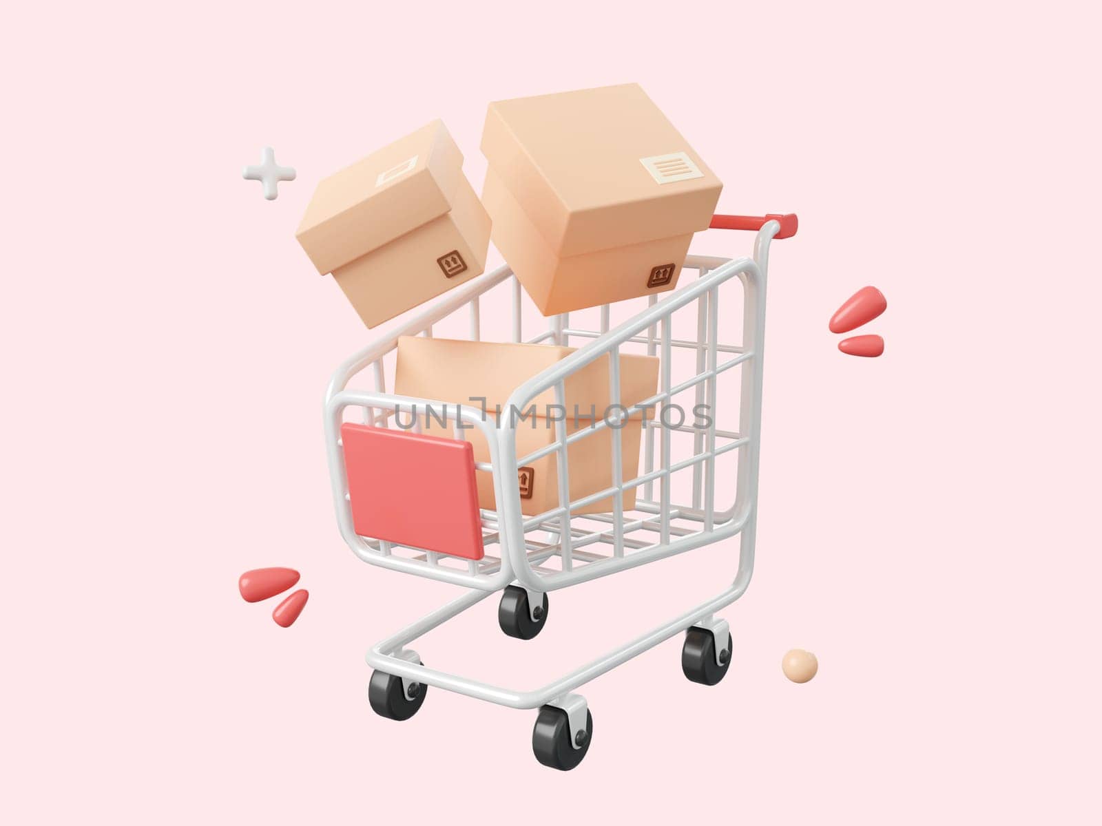 Shopping cart with parcel box, 3d cartoon icon isolated on pink background, 3d illustration. by nutzchotwarut