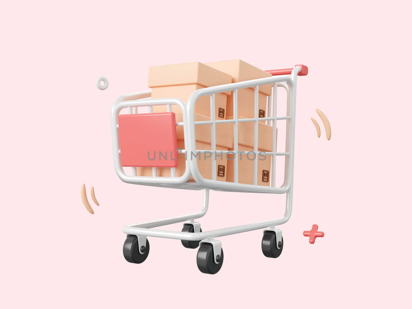 Shopping cart with parcel box, 3d cartoon icon isolated on pink background, 3d illustration.