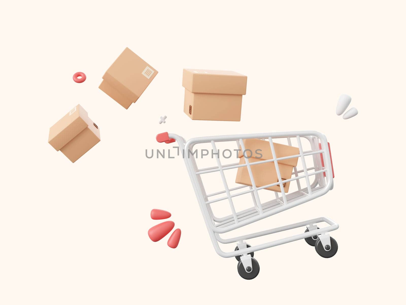 Shopping cart with parcel box, 3d cartoon icon isolated on white background, 3d illustration. by nutzchotwarut