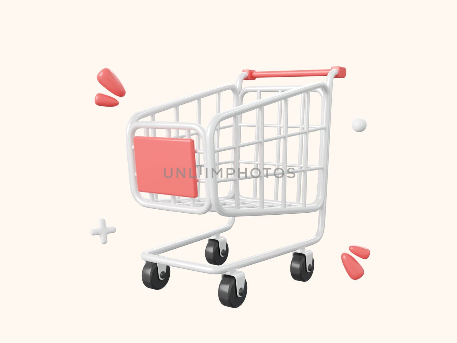 Shopping cart 3d cartoon icon isolated on white background, 3d illustration.