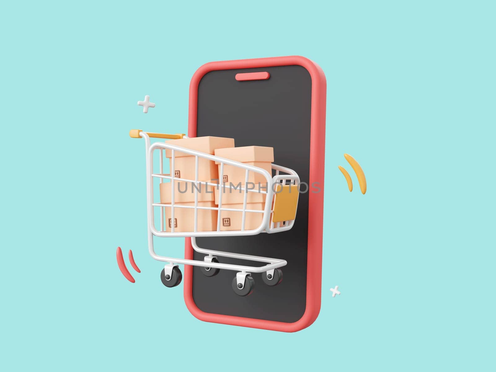 3d cartoon design illustration of Smartphone with shopping cart and parcel box, Shopping online on mobile concept.