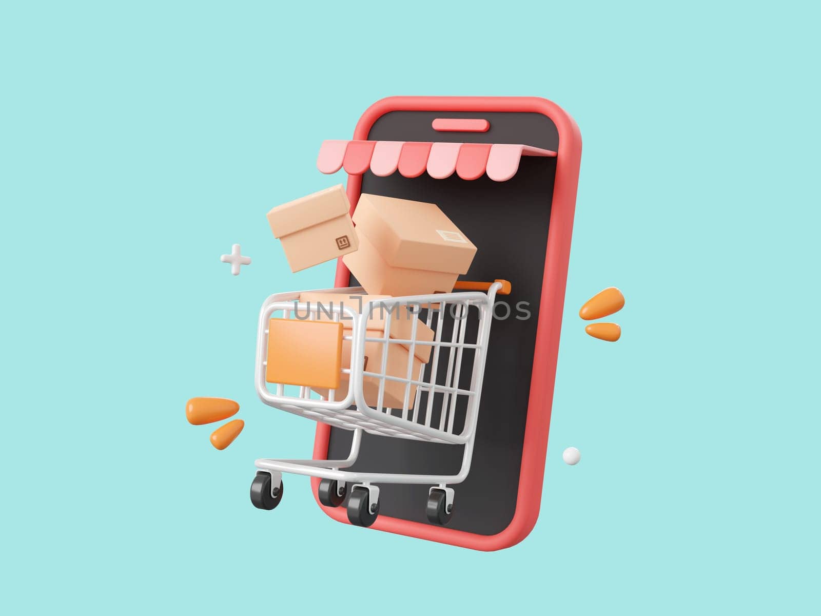 3d cartoon design illustration of Smartphone with shopping cart and parcel box, Shopping online on mobile concept.