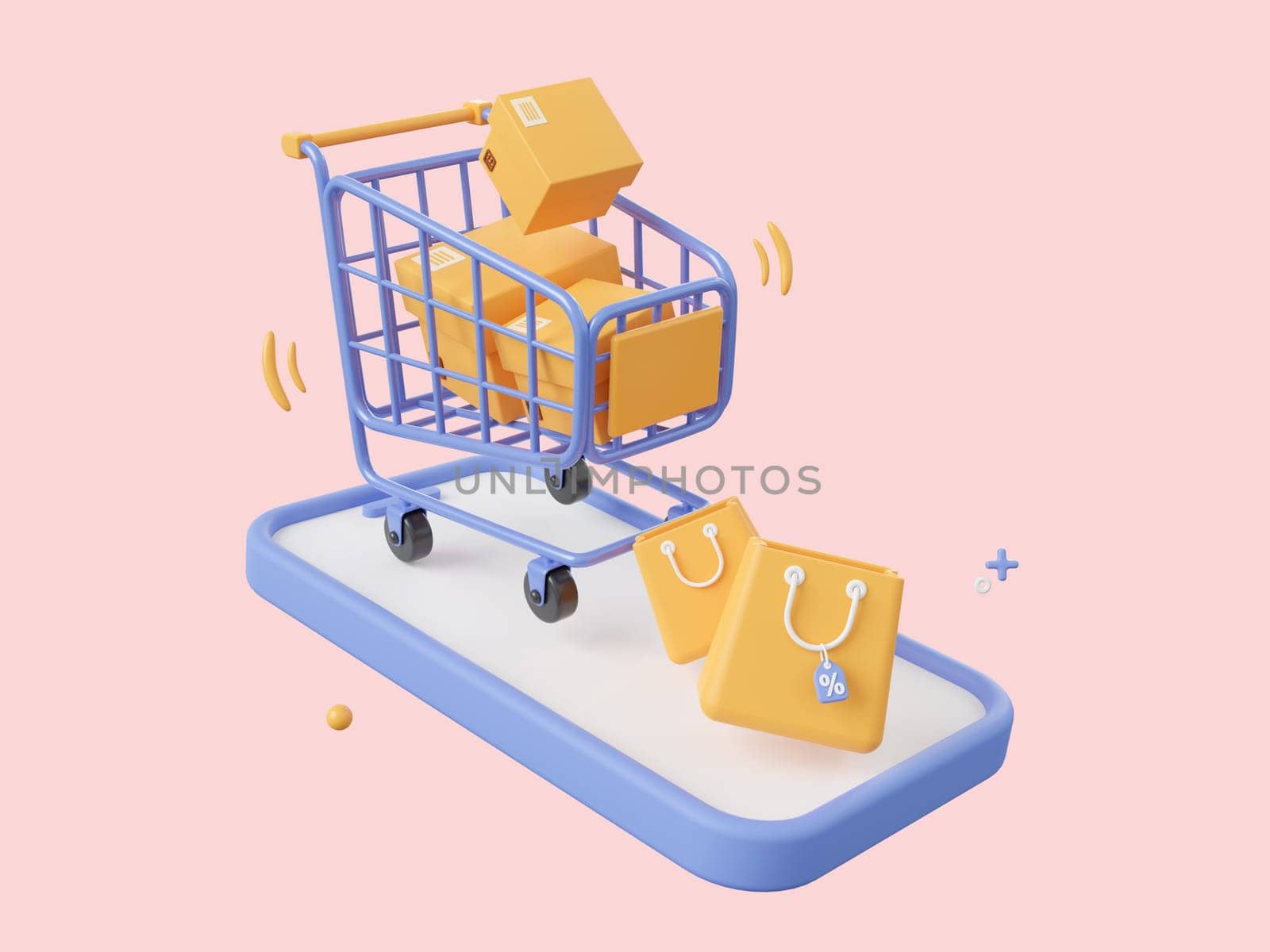 3d cartoon design illustration of Smartphone with shopping cart and parcel box, Shopping bag with discount tag, Shopping online on mobile concept. by nutzchotwarut