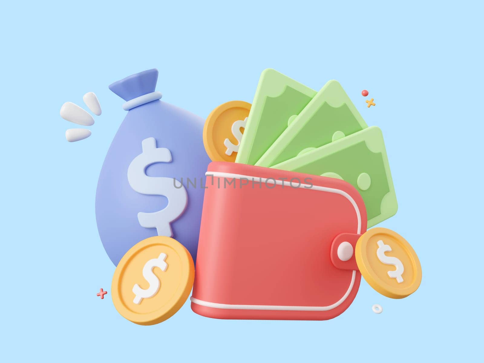 3d cartoon design illustration of Wallet with dollar coin and banknote, Money savings concept.