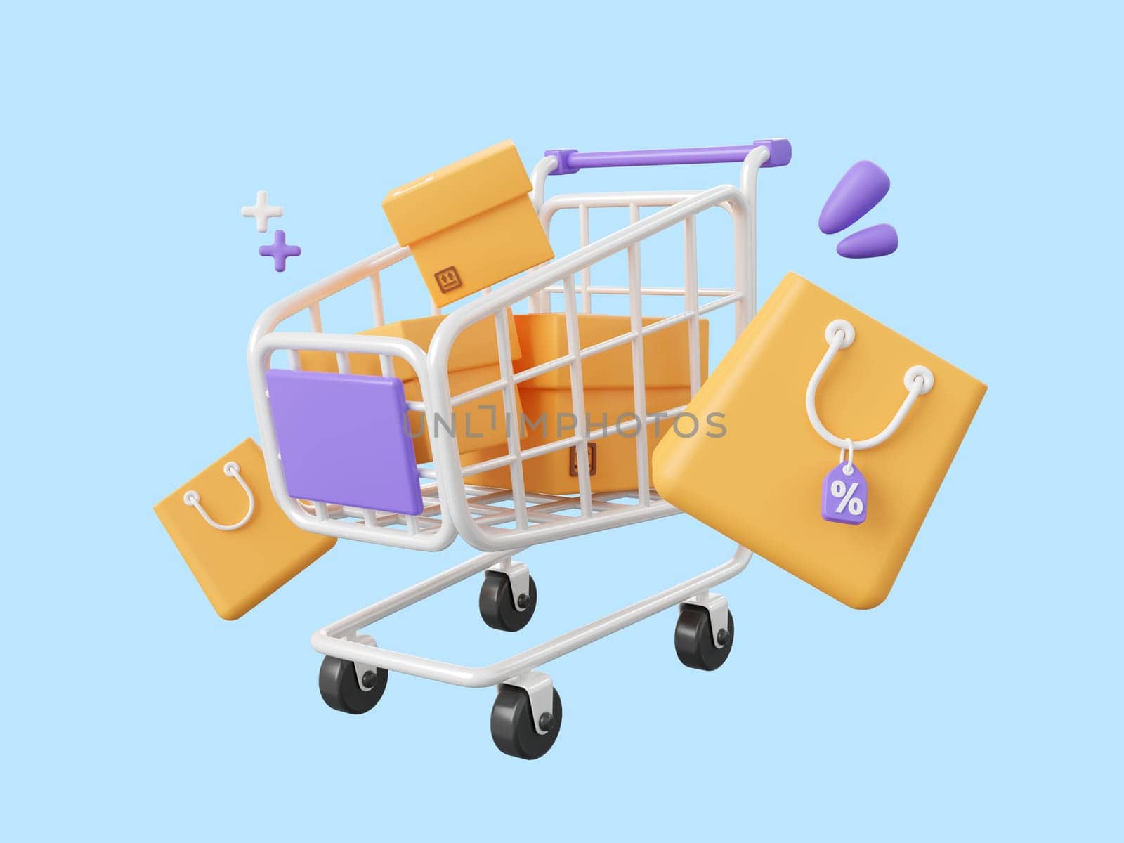 3d cartoon design illustration of Shopping cart with parcel box and shopping bags with discount tag, Shopping online concept. by nutzchotwarut