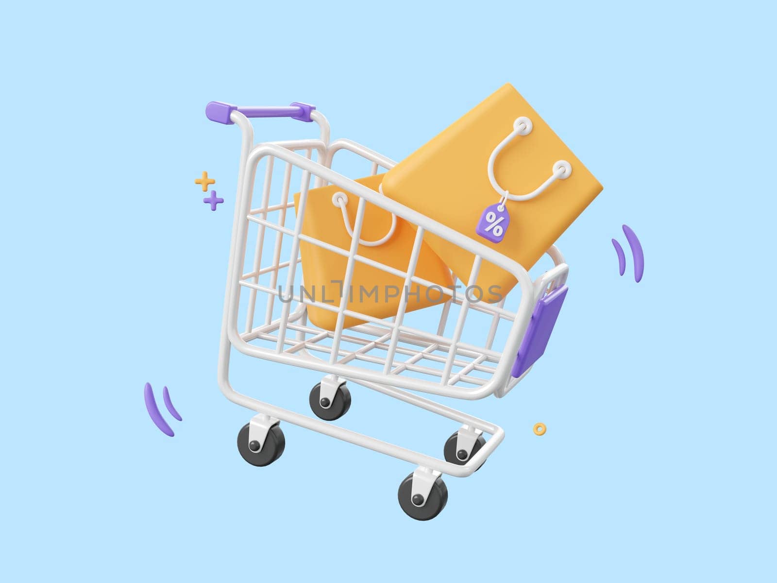 3d cartoon design illustration of Shopping cart and shopping bags with discount tag, Shopping online concept. by nutzchotwarut