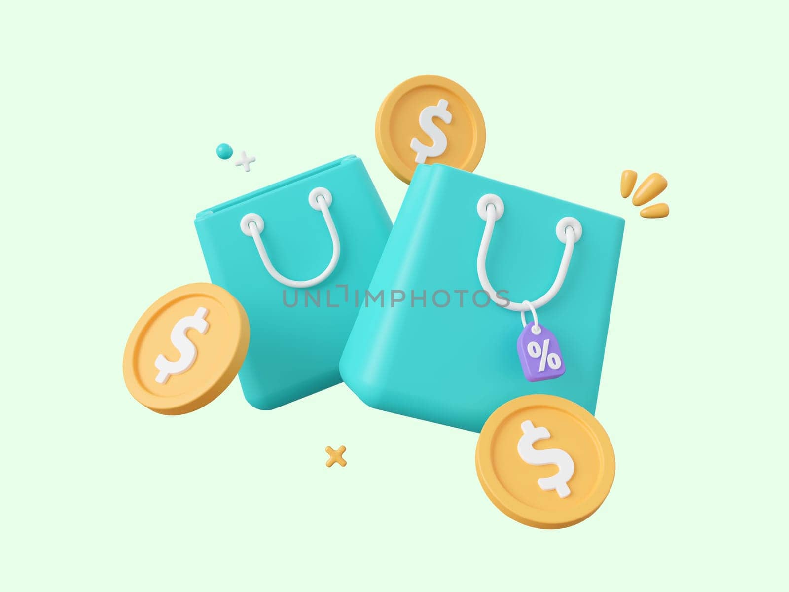 3d cartoon design illustration of Shopping bags with discount tag and dollar coin. Shopping online concept.