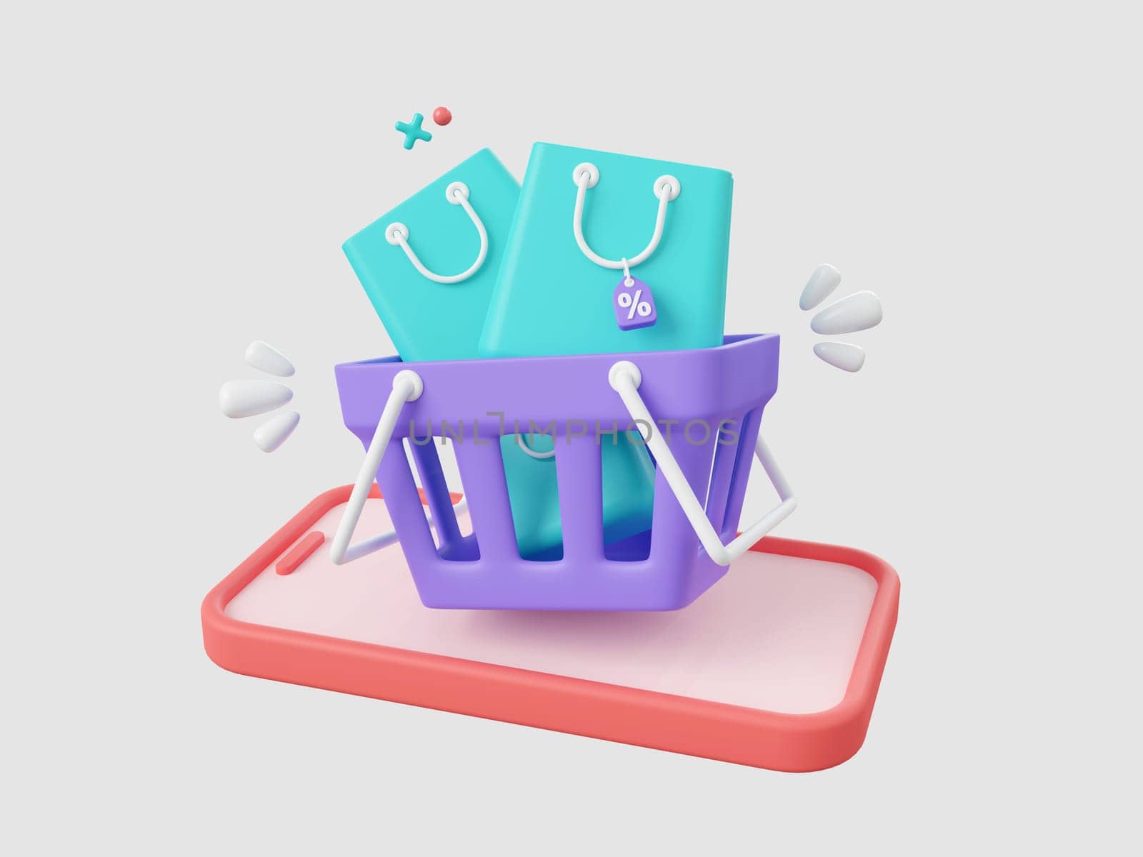 3d cartoon design illustration of Shop smartphone and shopping cart, shopping bags with discount tag, Shopping online on mobile concept.
