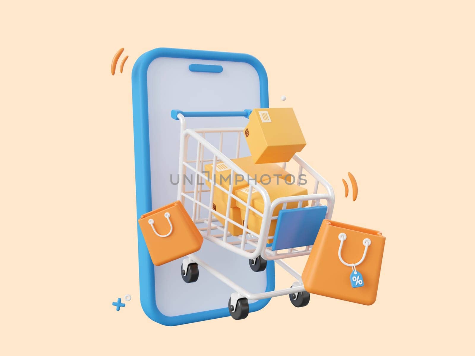3d cartoon design illustration of Smartphone and Parcel box with Shopping bags, Shopping online on mobile concept.