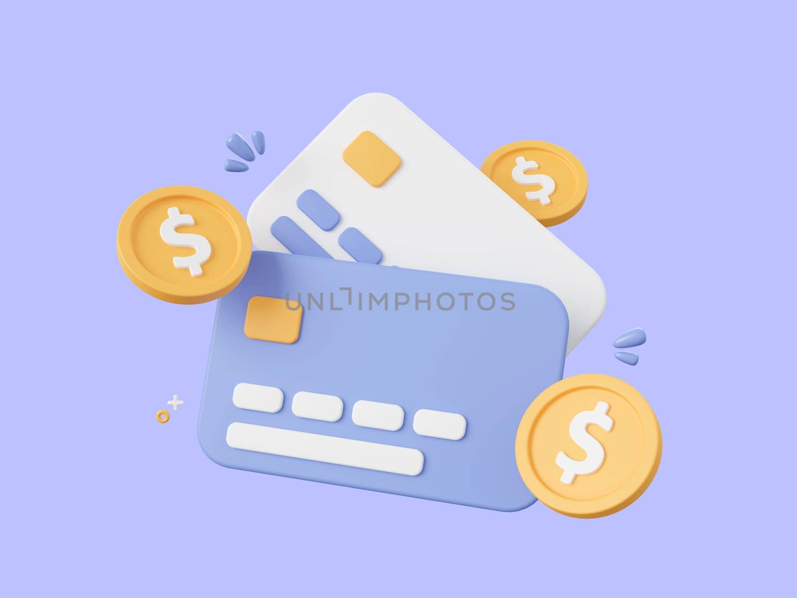 3d cartoon design illustration of Credit cards with dollar coin, Payments by credit card.