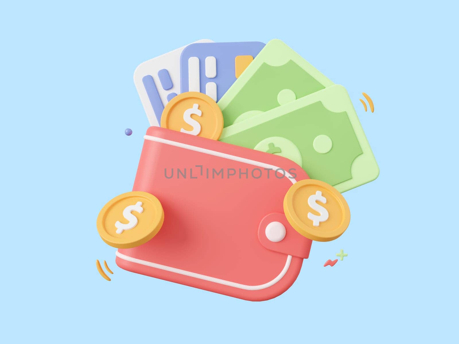 3d cartoon design illustration of Wallet with credit cards, dollar coin and banknote, Money savings concept. by nutzchotwarut
