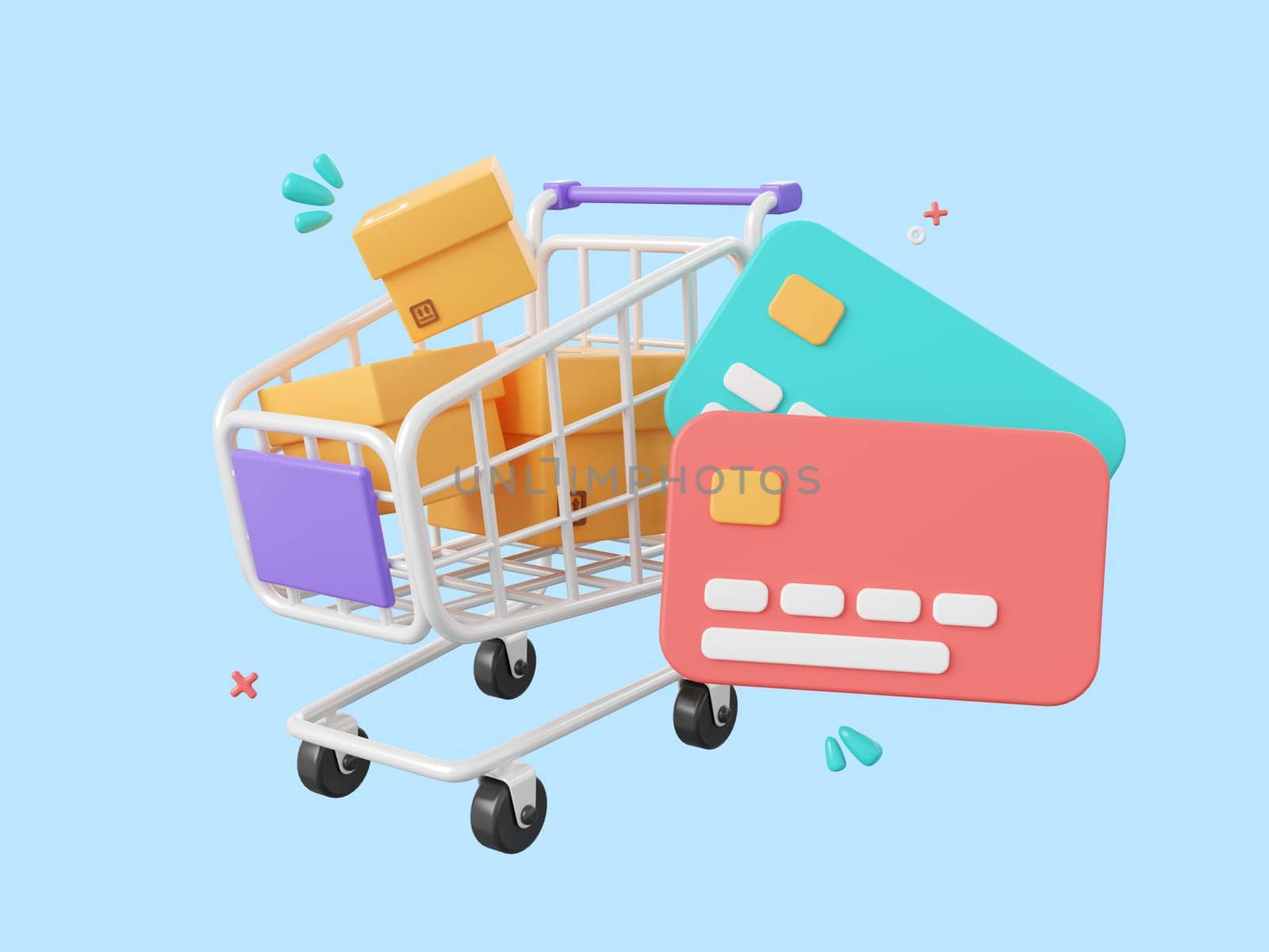 3d cartoon design illustration of Parcel boxes in shopping cart with credit cards, Shopping online and payments by credit card. by nutzchotwarut