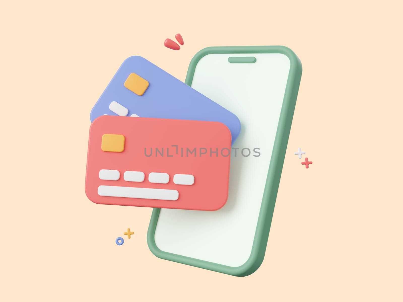 3d cartoon design illustration of Credit cards with smartphone, Shopping online and payments by credit card.