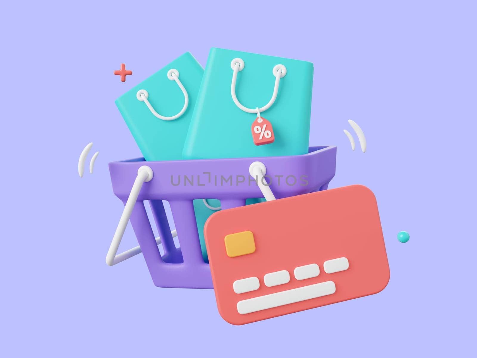 3d cartoon design illustration of Shopping cart and shopping bags with discount tag, Payments by credit card. by nutzchotwarut