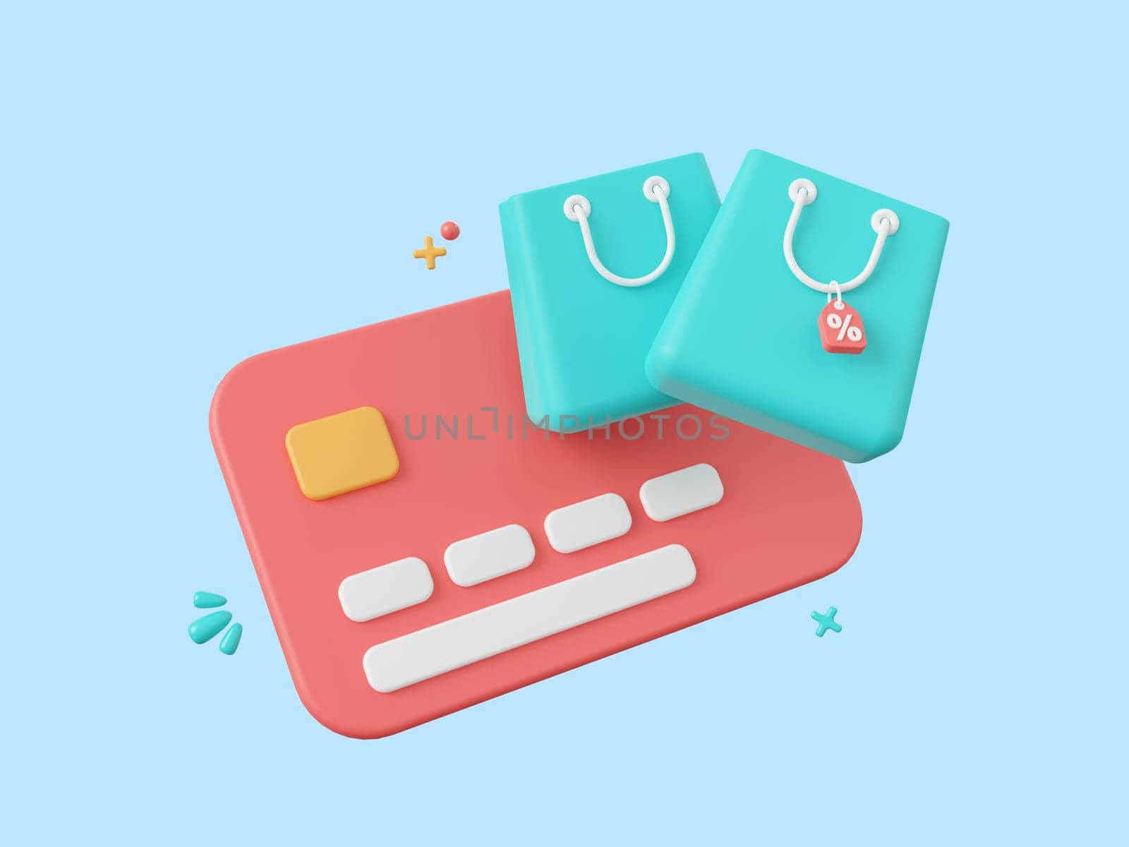 3d cartoon design illustration of Credit cards with shopping bags, Shopping online and payments by credit card. by nutzchotwarut