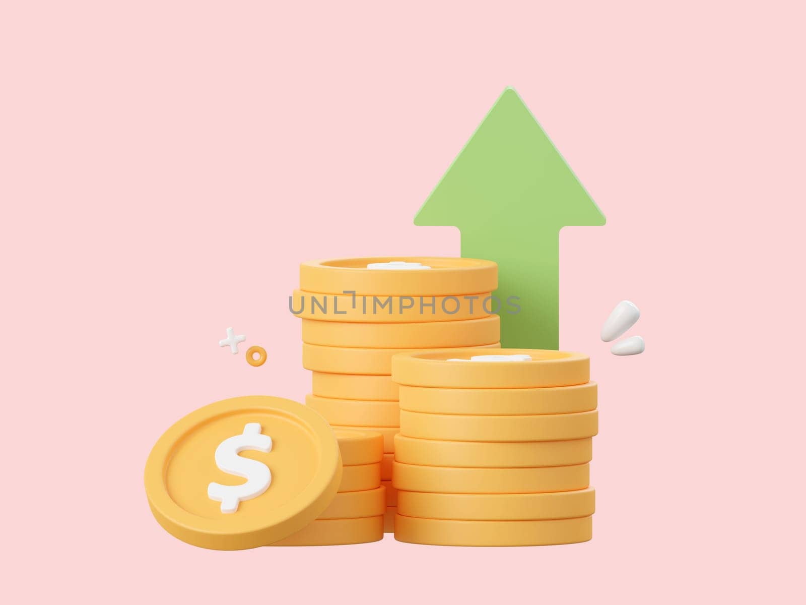 3d cartoon design illustration of Stack of dollar coin with arrow pointing up, Investment and money savings concept. by nutzchotwarut