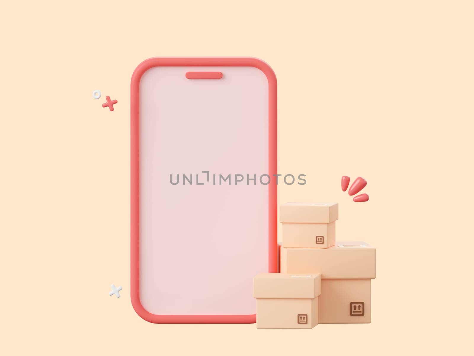 3d cartoon design illustration of Smartphone with parcel boxes, Shopping online on mobile concept.
