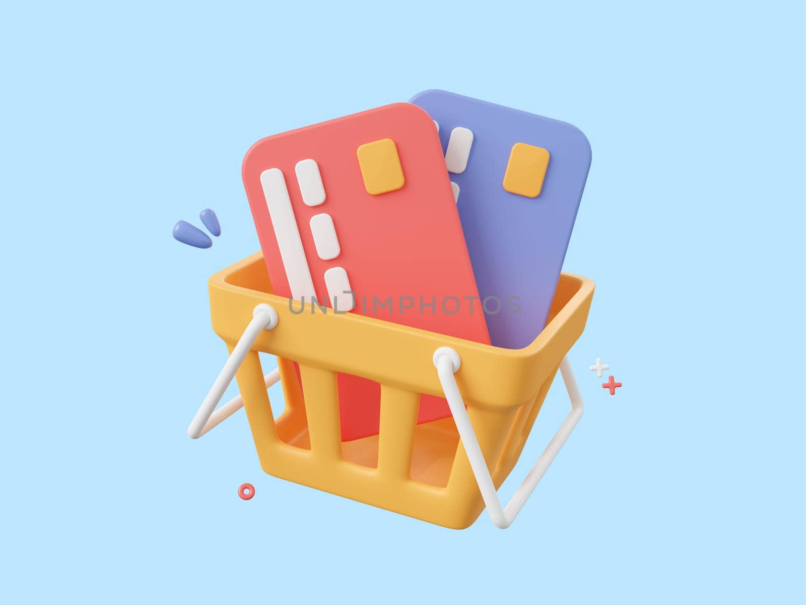 3d cartoon design illustration of Shopping cart and credit cards, Shopping and payments by credit card. by nutzchotwarut