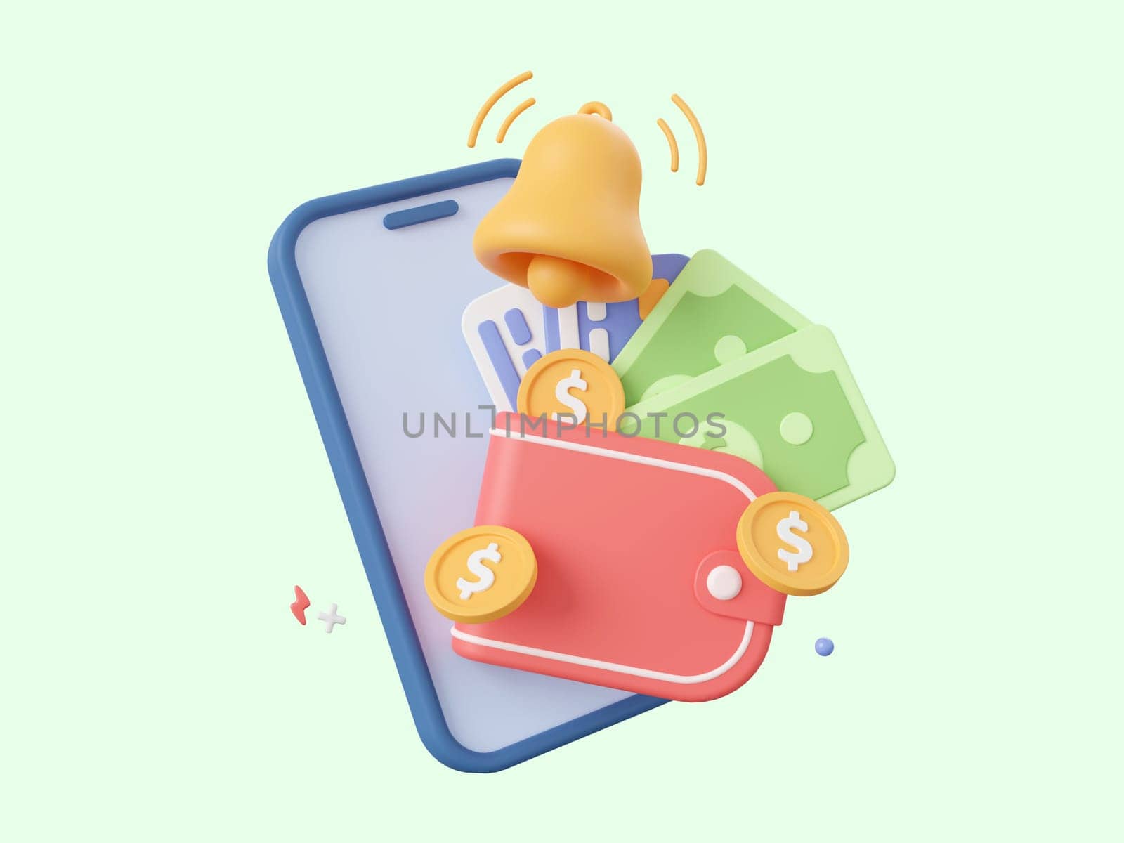 3d cartoon design illustration of Notification bell via smartphone application online payments concept, money transfer, financial transactions and credit card payments. by nutzchotwarut