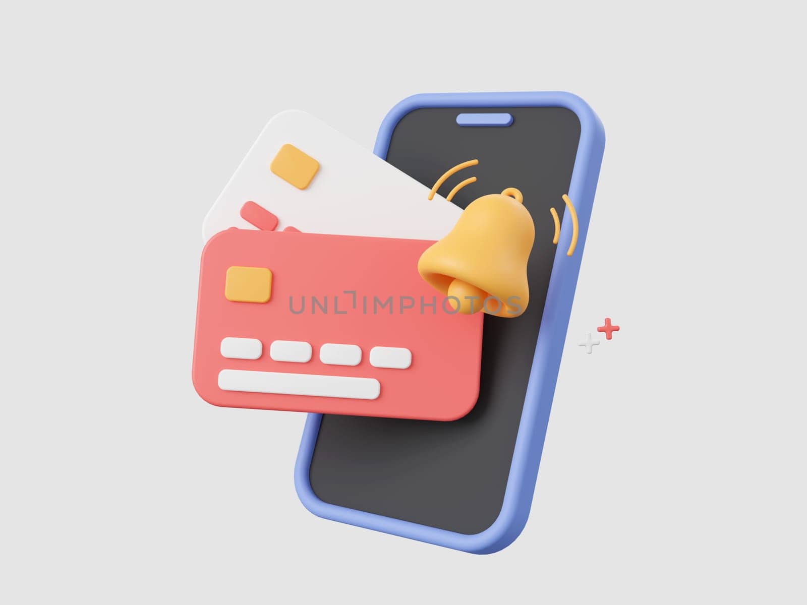 3d cartoon design illustration of Notification bell via smartphone application online payments concept, money transfer, financial transactions and credit card payments.