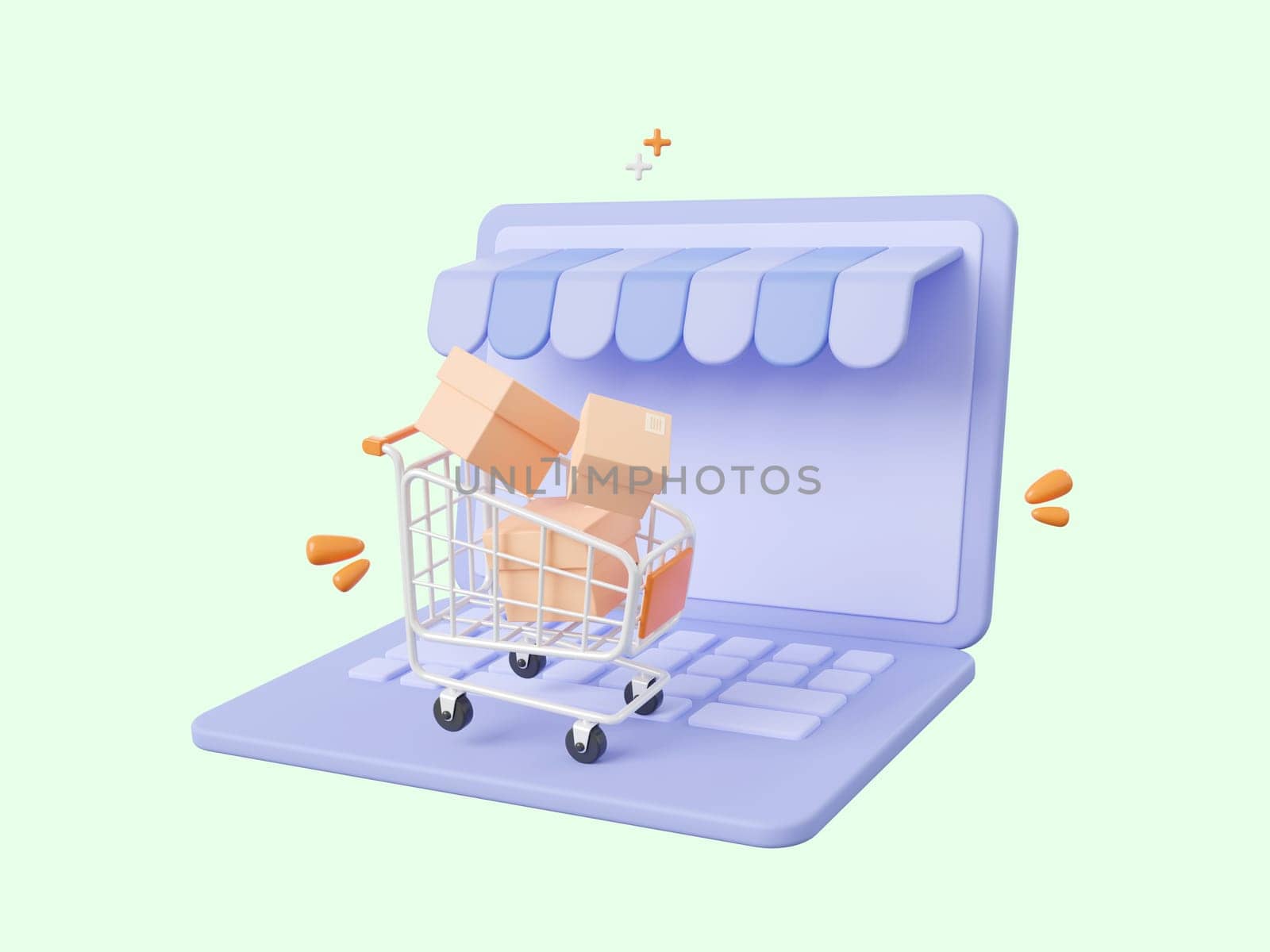 3d cartoon design illustration of Laptop with shopping cart, Shopping online concept.