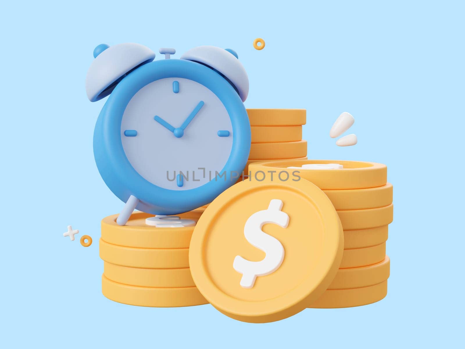 3d cartoon design illustration of alarm clock with dollar coin, Investment and savings concept. by nutzchotwarut
