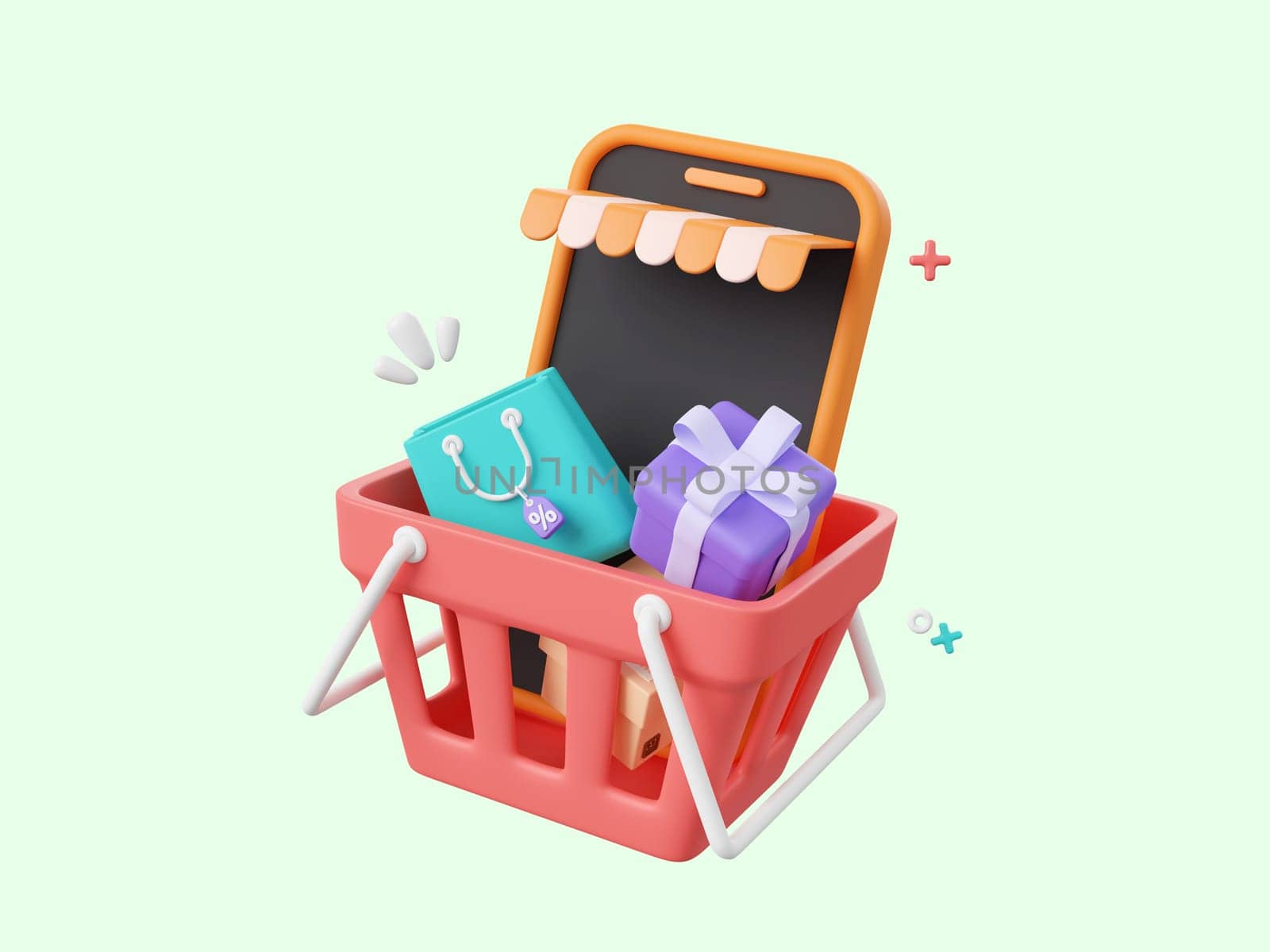 3d cartoon design illustration of Shop smartphone and shopping cart, shopping bags with discount tag, Shopping online on mobile concept. by nutzchotwarut