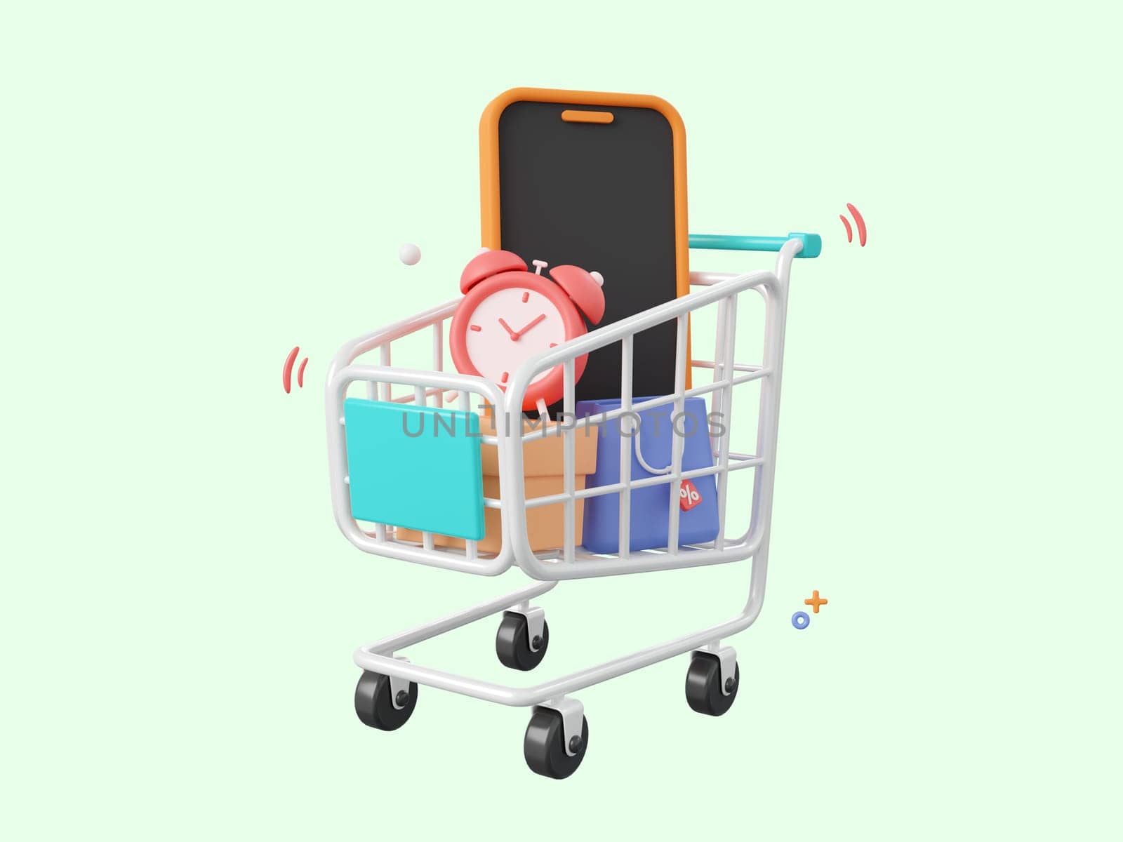 3d cartoon design illustration of Smartphone in shopping cart with parcel box, shopping bag and alarm clock, Shopping online on mobile concept.