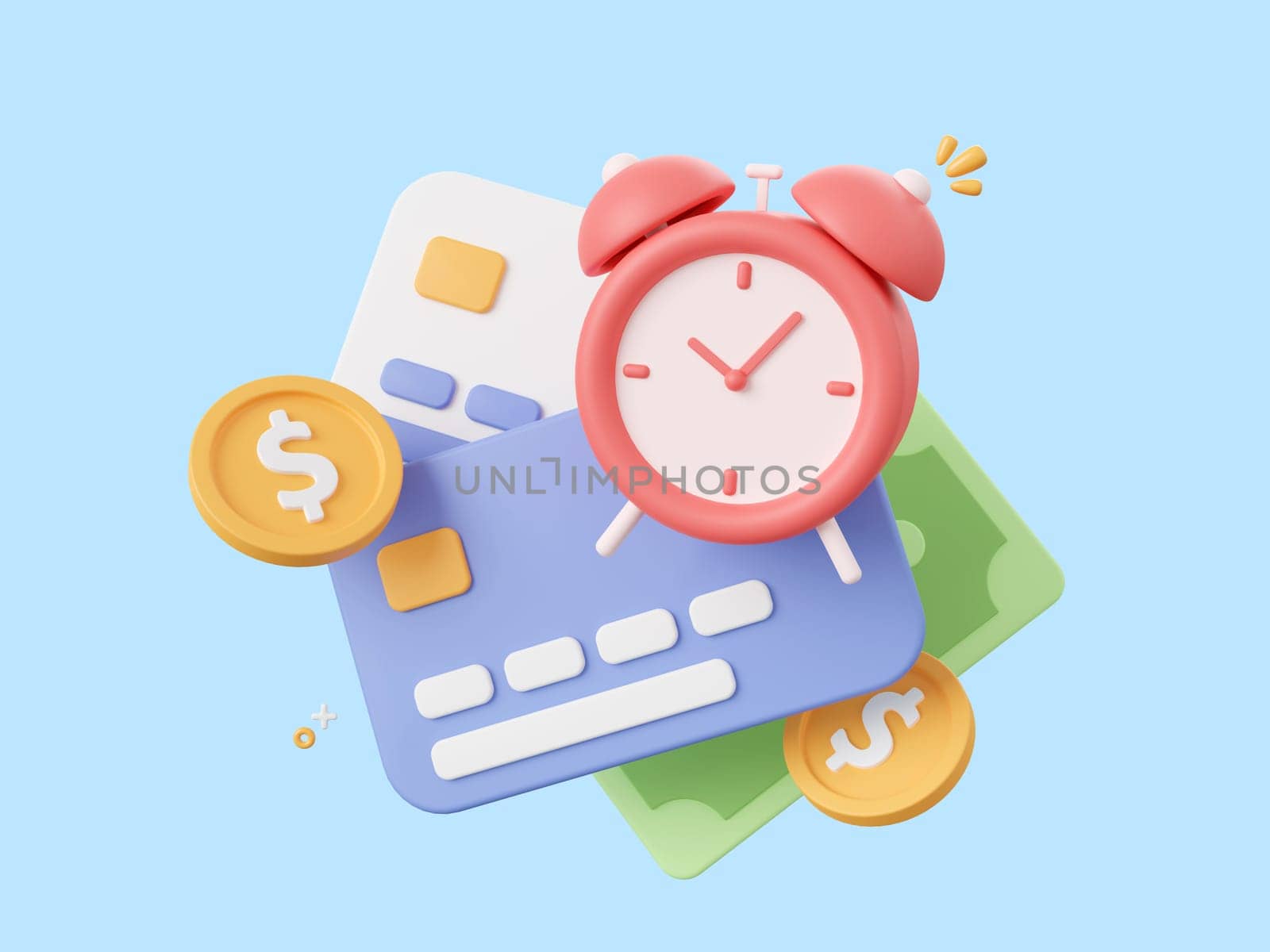 3d cartoon design illustration of Credit card with alarm clock notification icon, payment notification, payment due date, reminder notification concept. by nutzchotwarut