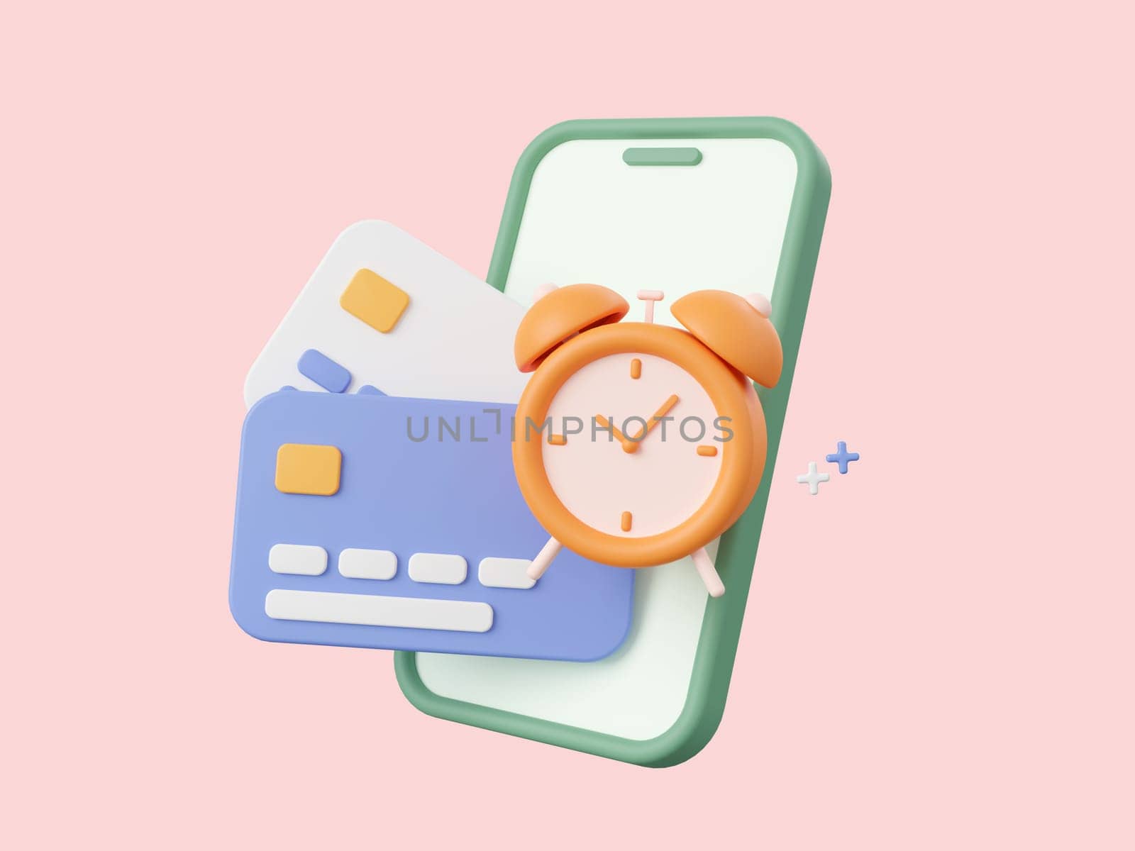 3d cartoon design illustration of Smartphone, credit card with alarm clock notification icon, payment notification, payment due date, reminder notification concept.
