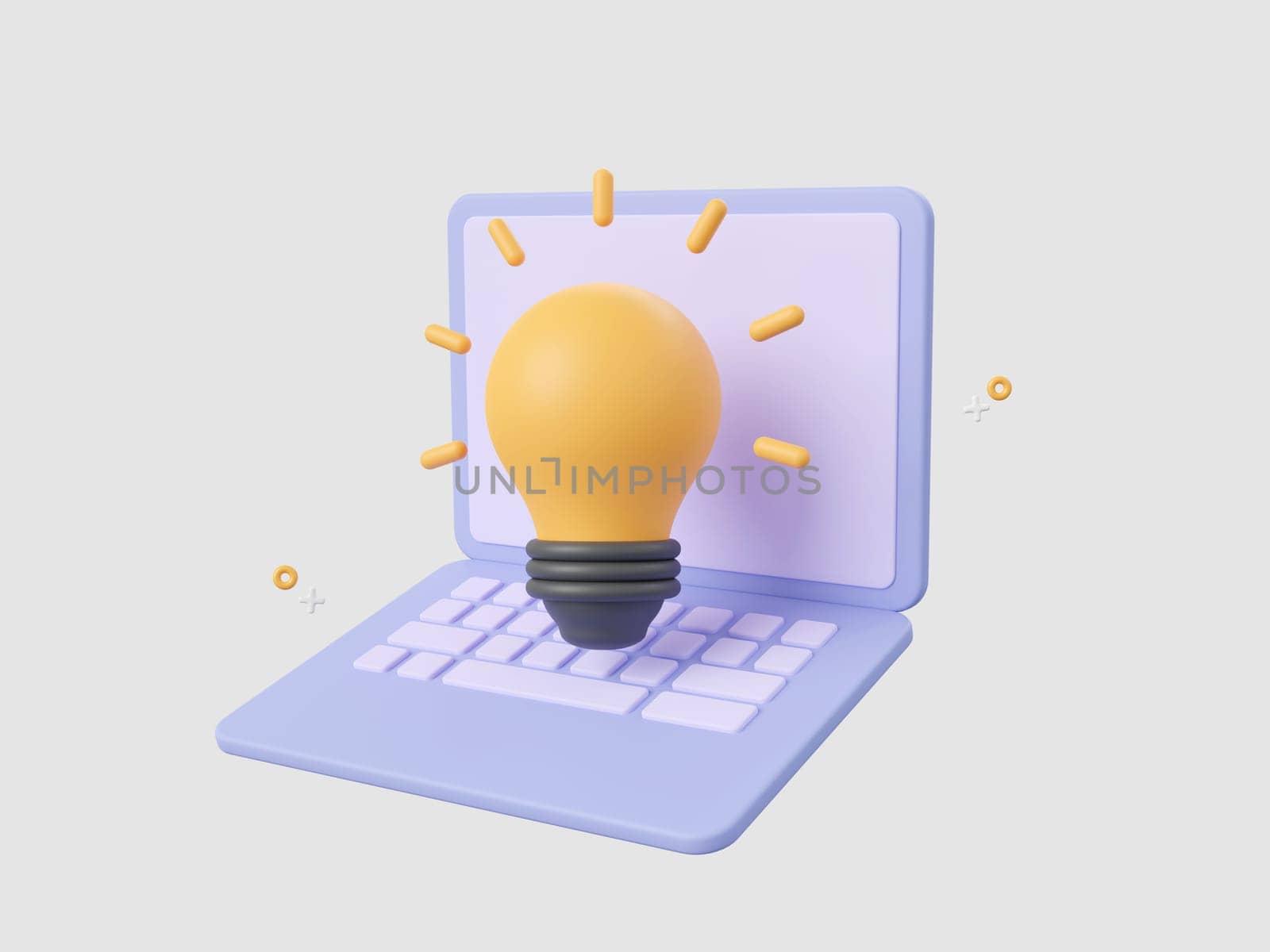 3d cartoon design illustration of Laptop with light bulb, Startup business idea concept. by nutzchotwarut