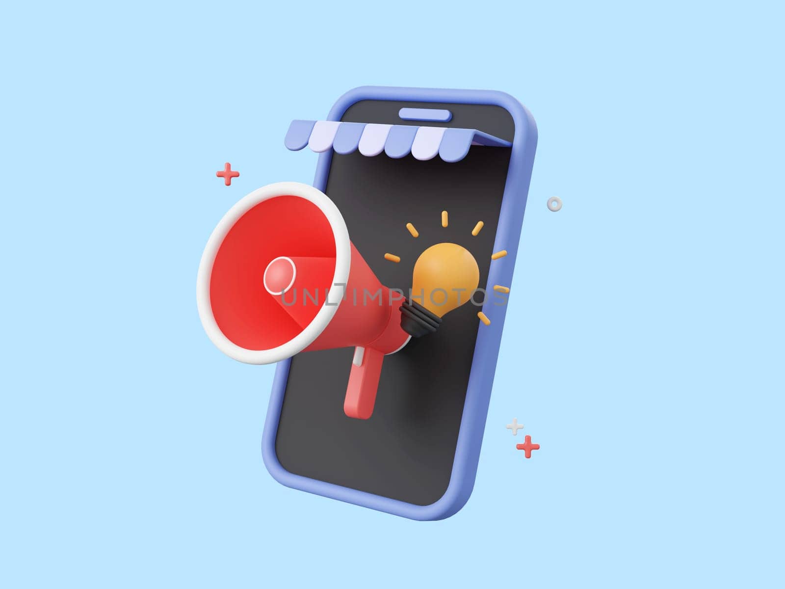 3d cartoon design illustration of Shop smartphone megaphone with light bulb icon isolated, Shopping online and advertising marketing promotion concept. by nutzchotwarut