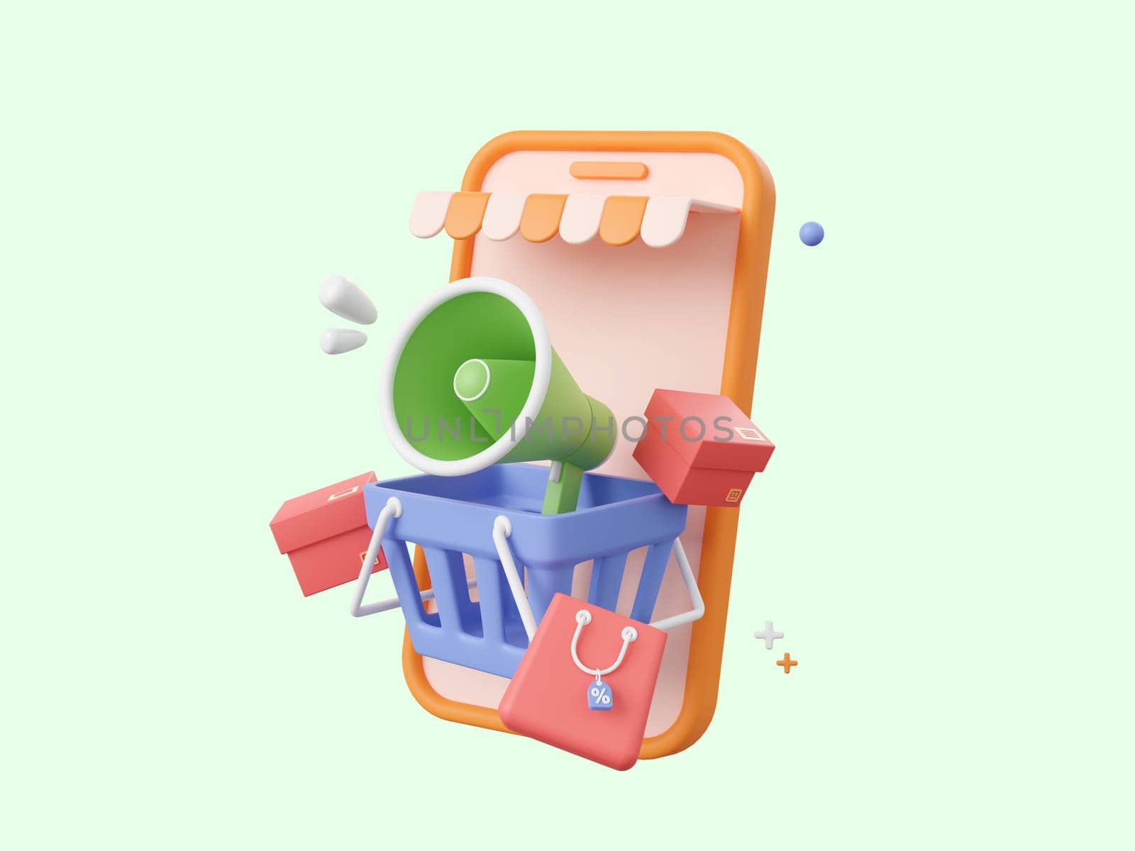 3d cartoon design illustration of Shop smartphone with megaphone in shopping basket and shopping bag, Advertising marketing promotion concept. by nutzchotwarut