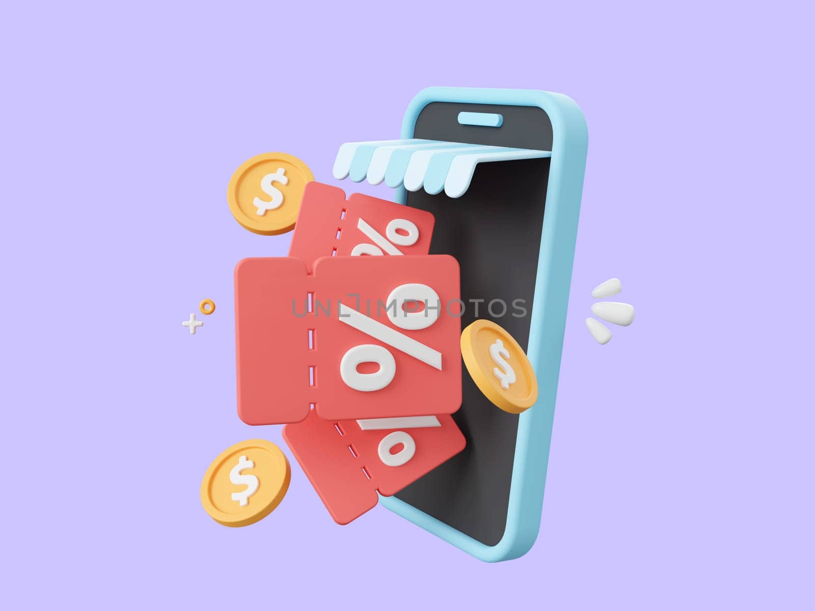 3d cartoon design illustration of Shop smartphone with discount code and coin, Advertising marketing promotion concept.