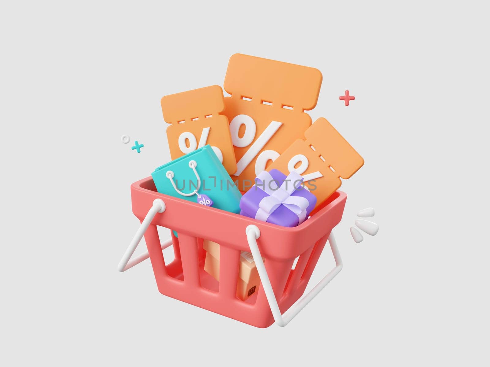 3d cartoon design illustration of Discount code with shopping bag, parcel box and gift box in shopping basket, Advertising marketing promotion concept. by nutzchotwarut
