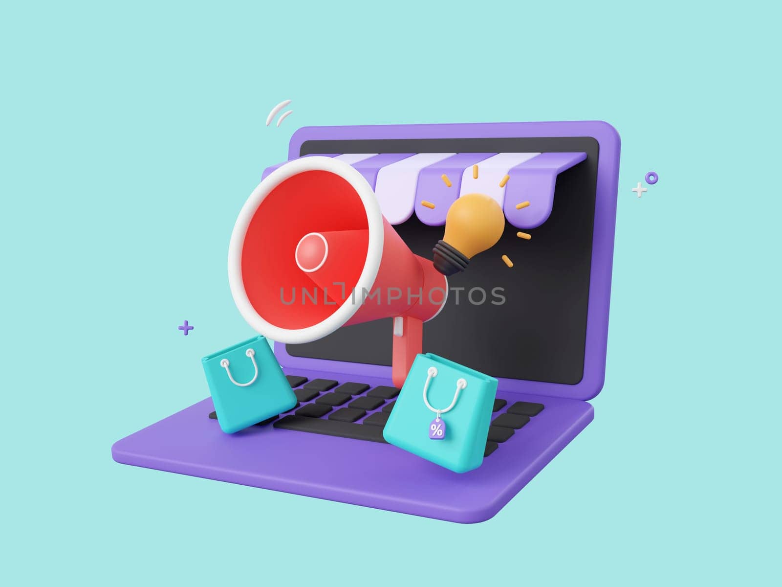 3d cartoon design illustration of Shop laptop with megaphone and light bulb and shopping bags, Advertising marketing promotion concept. by nutzchotwarut