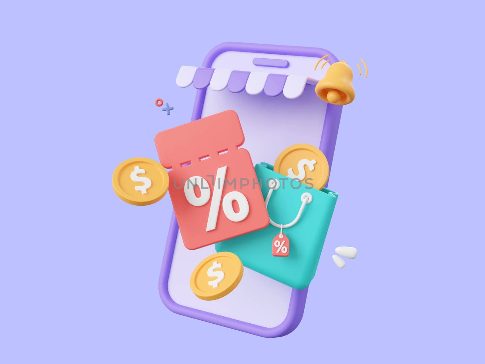 3d cartoon design illustration of Shop smartphone with discount code and shopping bag, coin cash back, Advertising marketing promotion concept.