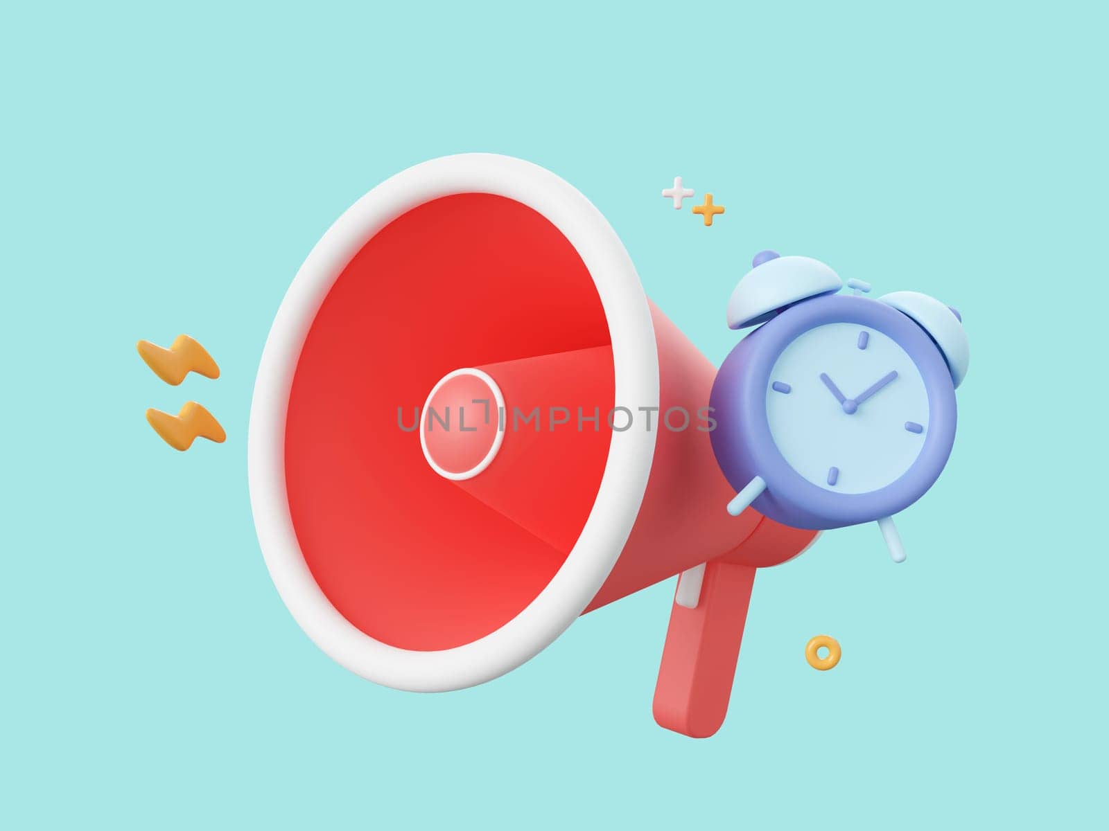 3d cartoon design illustration of megaphone with alarm clock icon isolated, Advertising marketing promotion concept. by nutzchotwarut