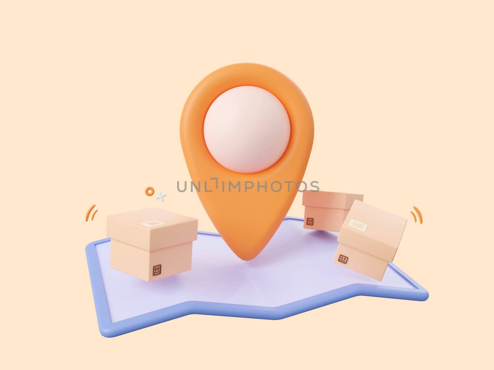 3d cartoon design illustration of Shopping online and delivery service, Pin with parcel boxes on map.