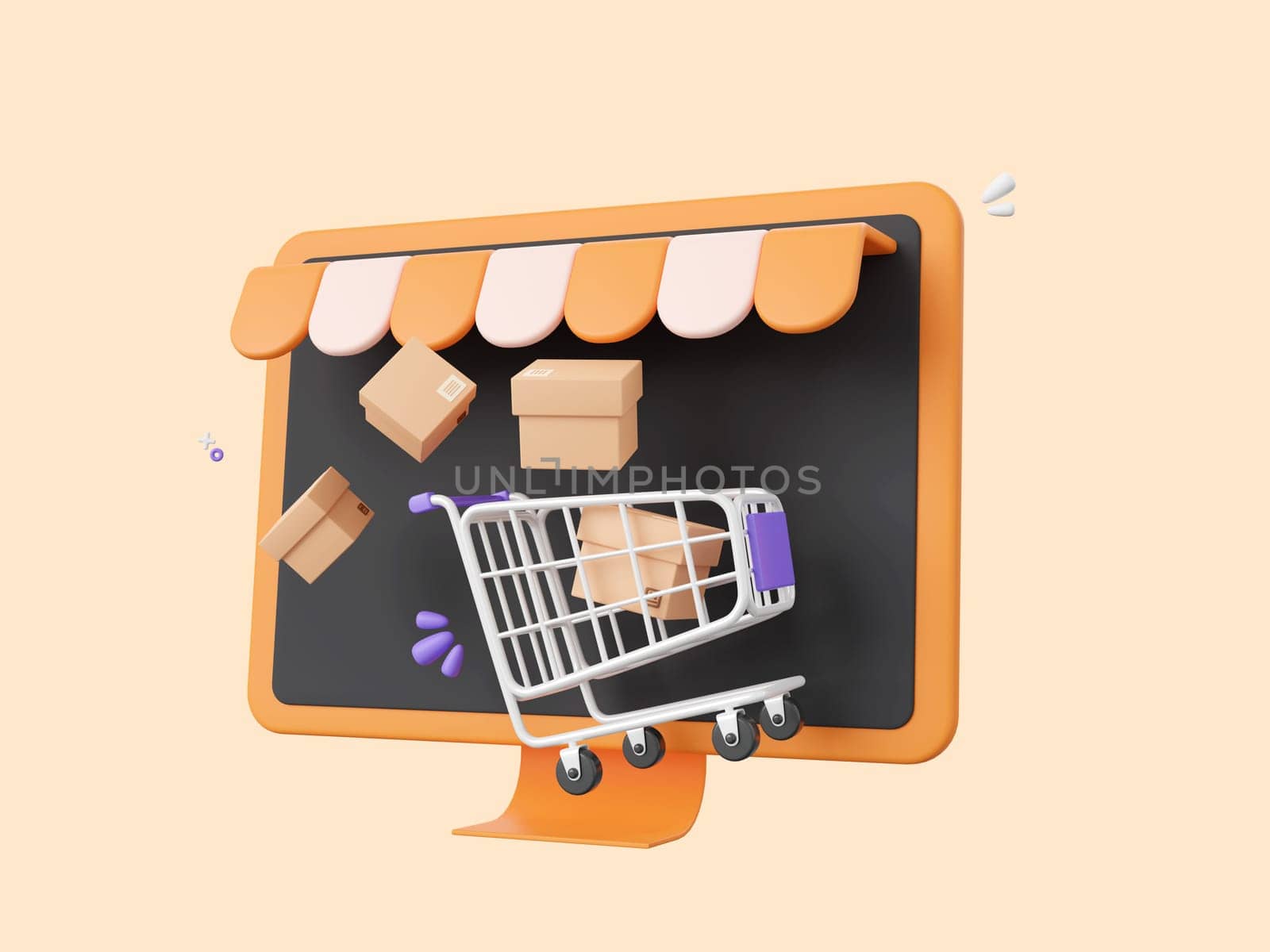 3d cartoon design illustration of Shop screen monitor with shopping cart and parcel box, Shopping online concept. by nutzchotwarut