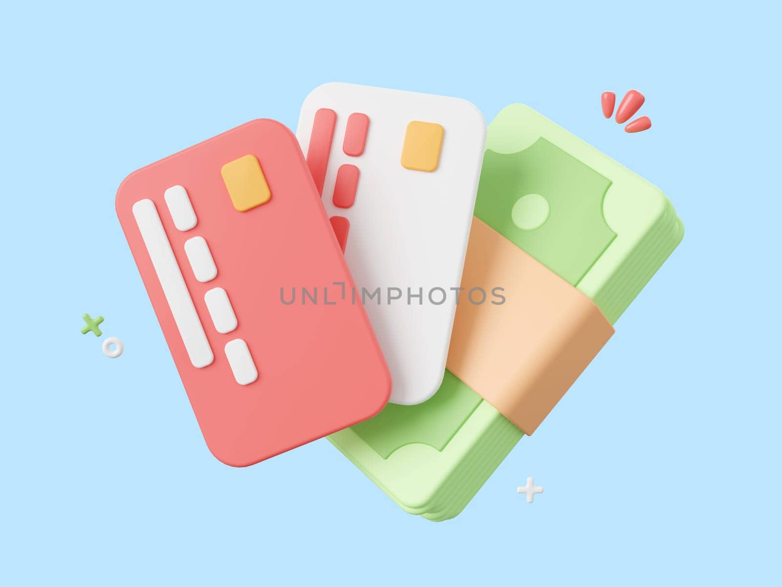 3d cartoon design illustration of Credit cards with banknote, Payments by credit card. by nutzchotwarut