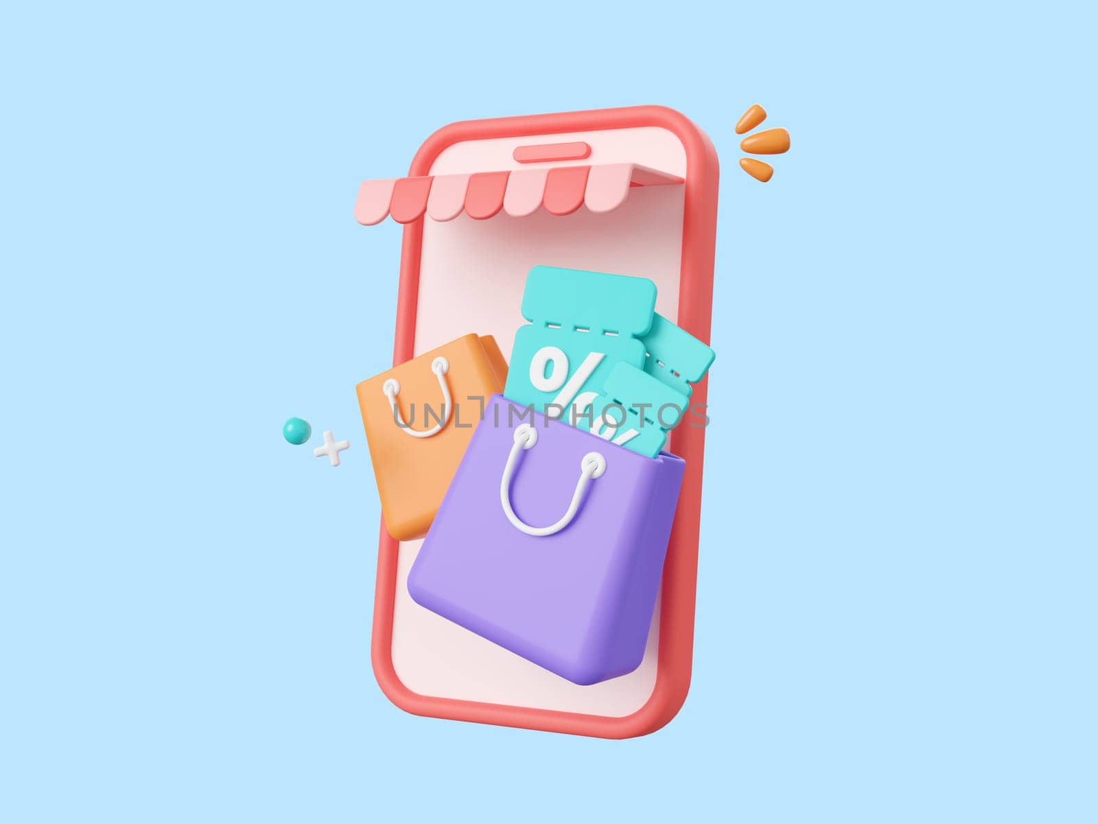 3d cartoon design illustration of Shop smartphone with discount code and shopping bag, Advertising marketing promotion concept. by nutzchotwarut