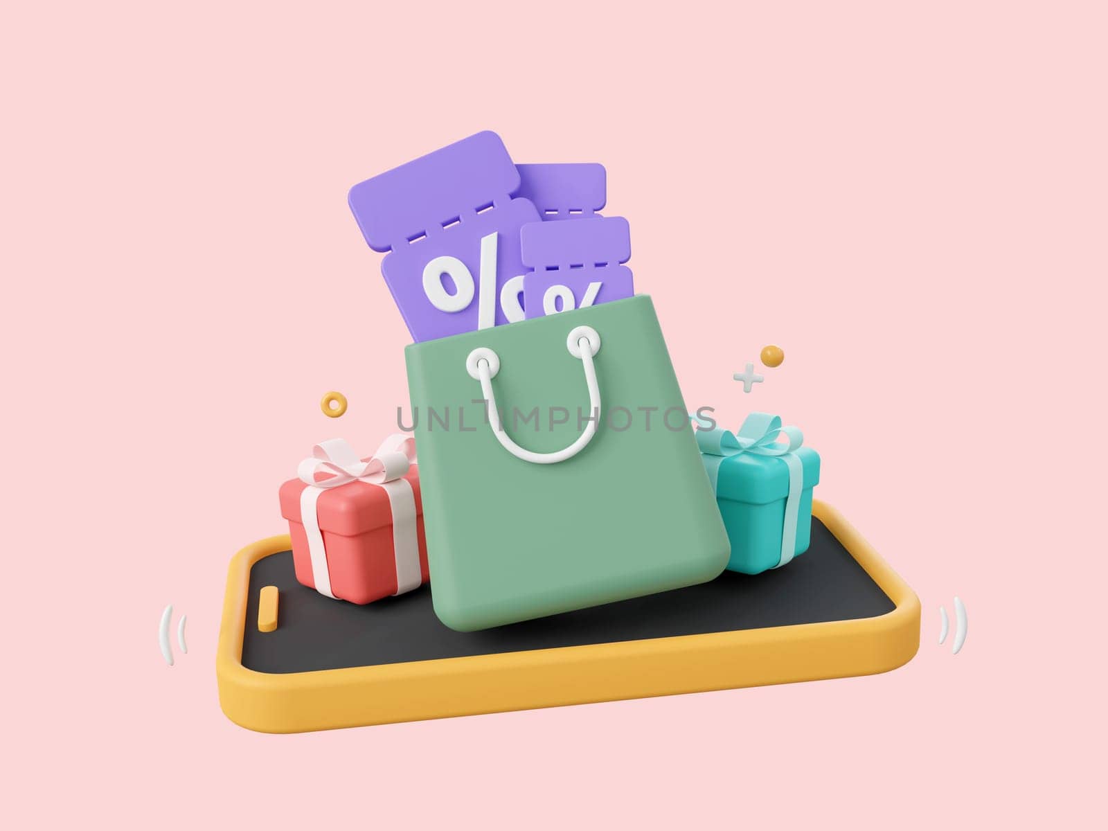 3d cartoon design illustration of Smartphone with discount code, gift boxes and shopping bag, Shopping online advertising marketing promotion concept.