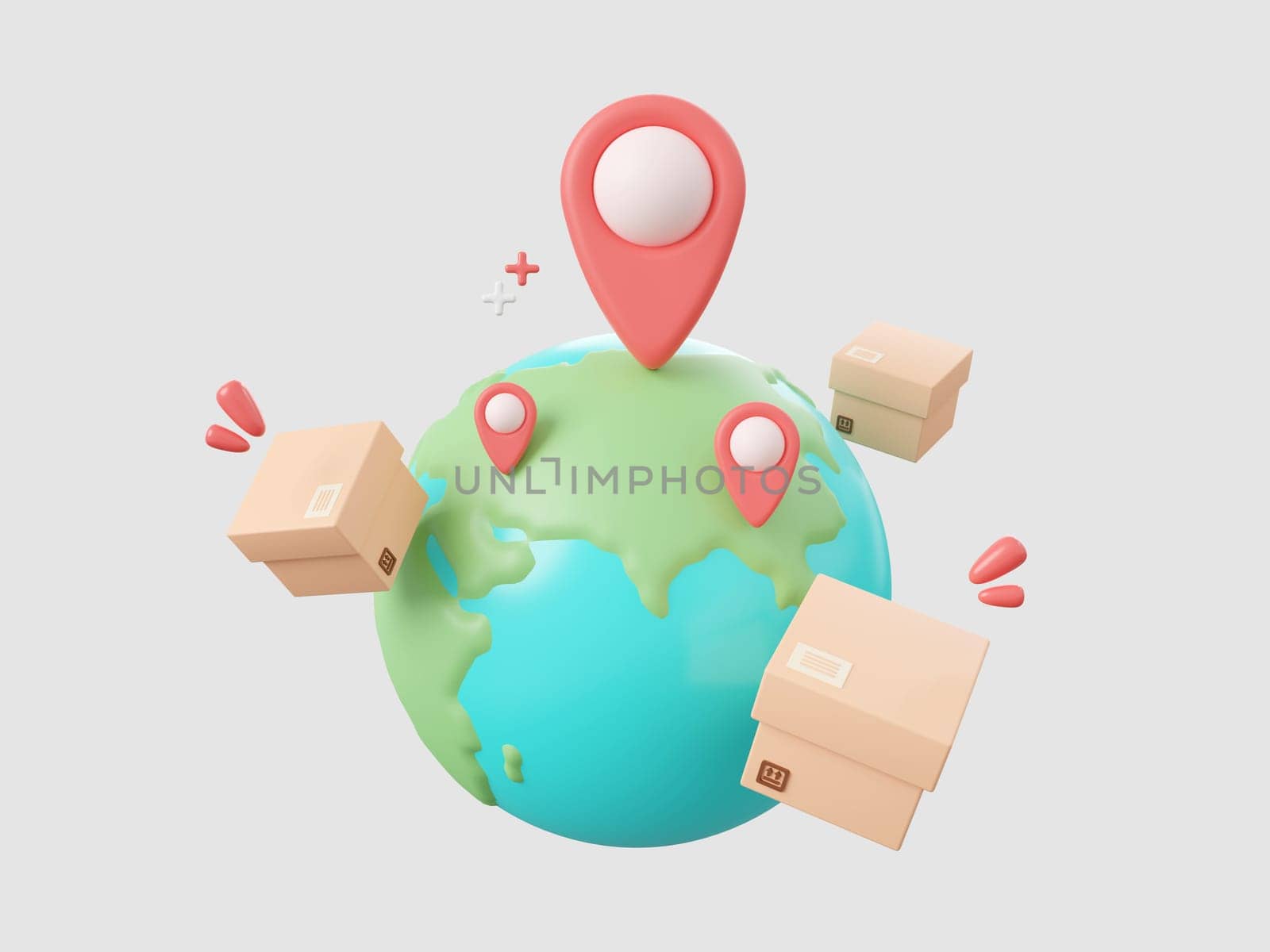 3d cartoon design illustration of Parcel boxes with pin on globe, Global shopping and delivery service concept.